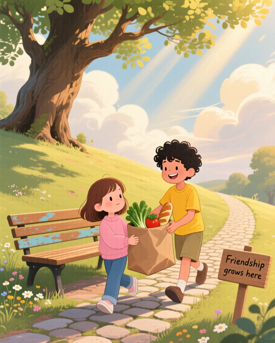 A lonely new student and a welcoming classmate share a tender moment helping carry groceries up a steep hill in a park bench under an old oak tree, while the sun breaks through the clouds.