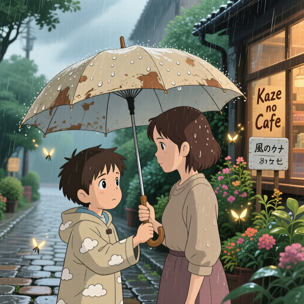 A tender moment of a boy sharing his umbrella with a stranger in the rain, the scene deeply heartfelt.
