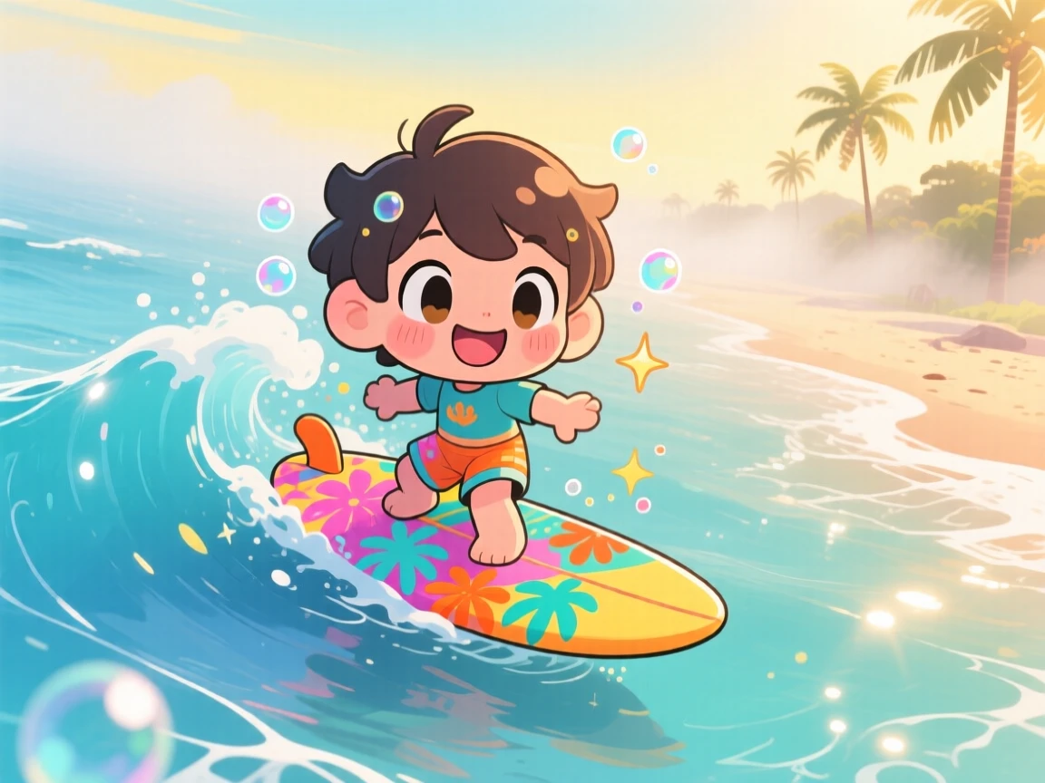 High aerial view of a small surfer, riding a gentle wave on a colorful surfboard, in a sunny tropical beach, on a misty foggy morning, illuminated by soft golden-hour sunlight, radiating bubbly enthusiasm.
