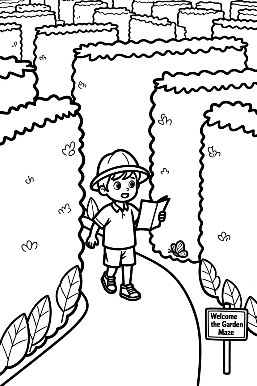 A young explorer navigating a maze of tall hedges in a garden