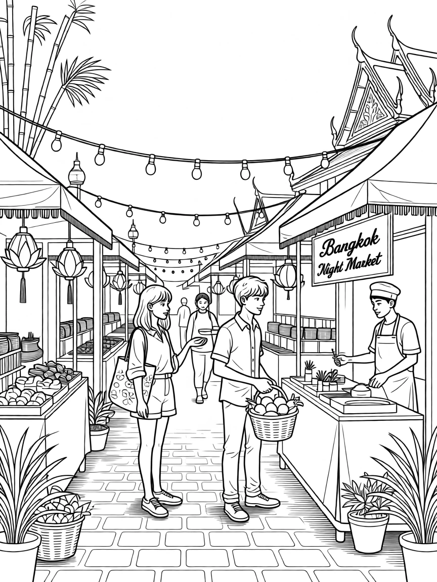 An open-air market in Bangkok lit by string lights, with a warm golden light bathing the scene.