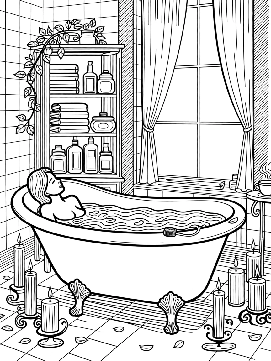 A person soaking in a bath surrounded by candles and rose petals.
