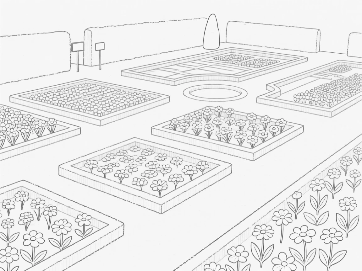 A famous garden with meticulously arranged flower beds