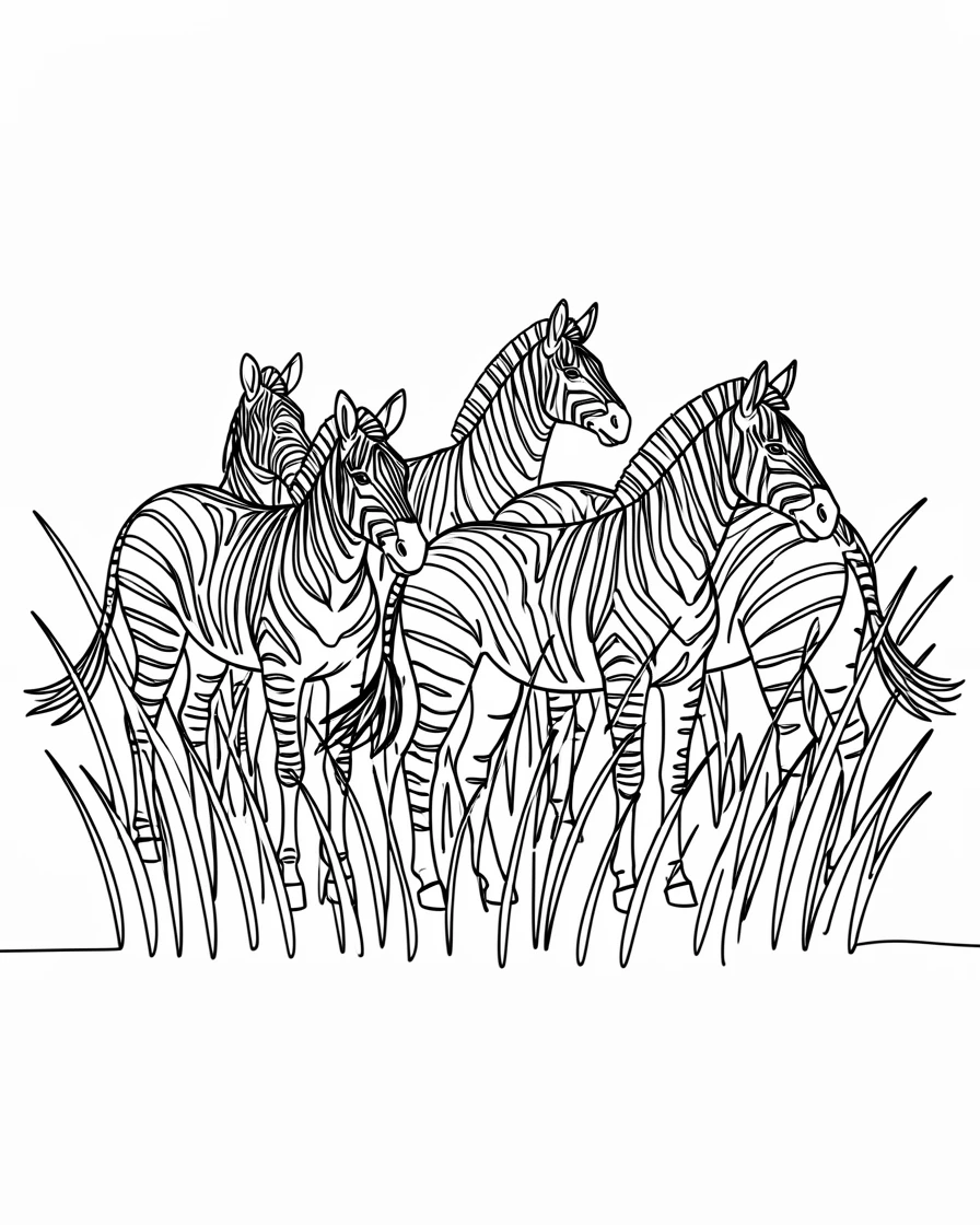 A zebra herd standing together in tall grass, swishing their tails in unison