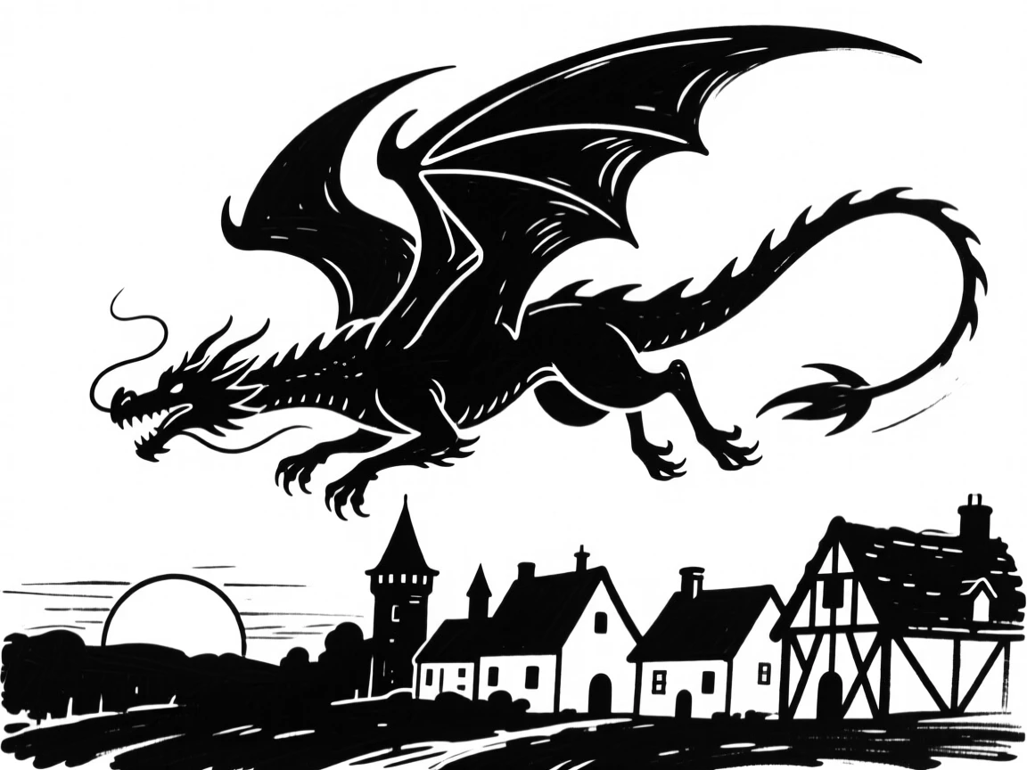 A dragon soaring low over a medieval village at sunset.