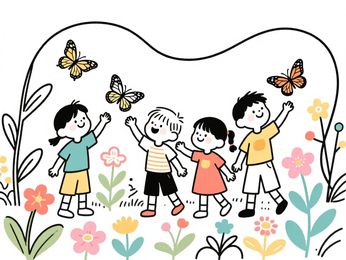 A group of children exploring a butterfly garden together with wonder.