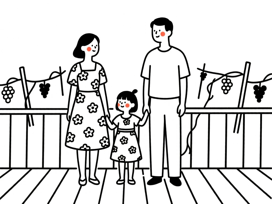 A family of four in a floral summer dress, on a vineyard terrace.