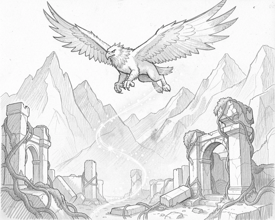 A magical, imaginative vision of a griffin soaring over jagged mountain peaks amid ancient ruins overtaken by nature, with a trail of sparkling light marking the path.