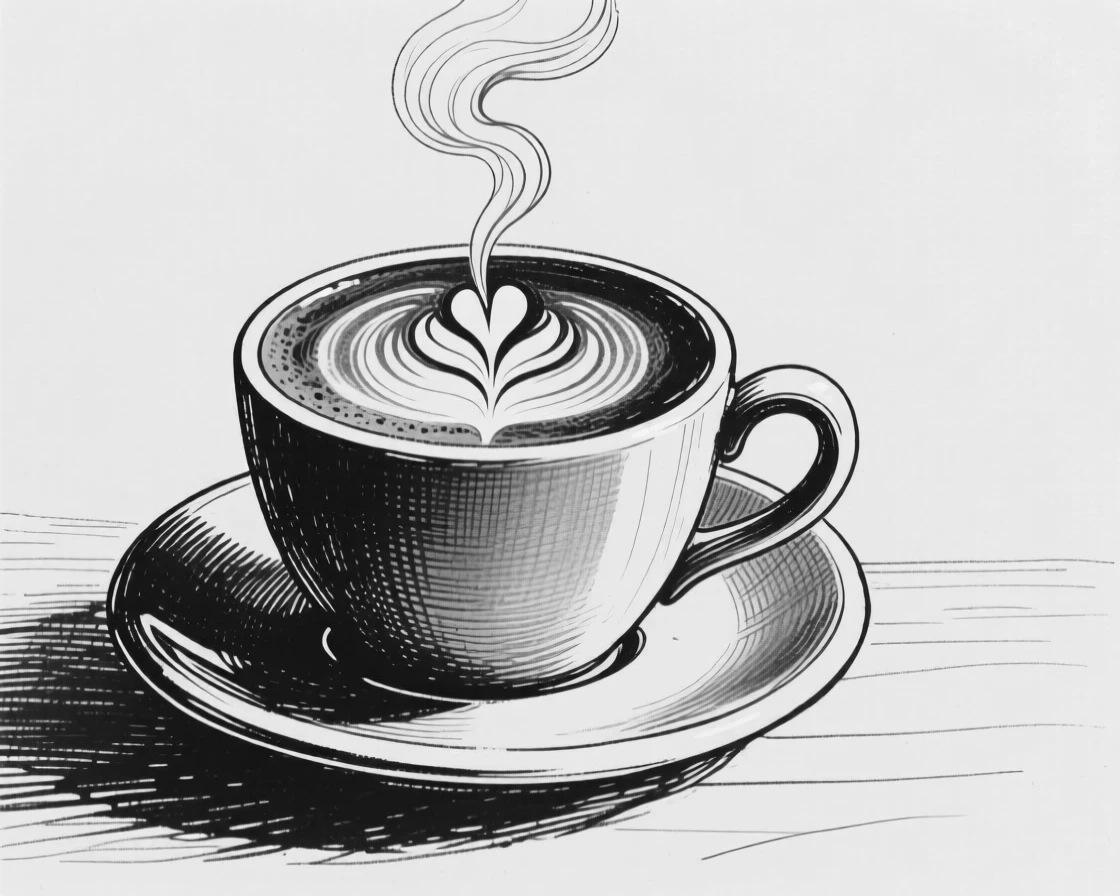 A steaming cup of coffee with delicate latte art resting on a saucer.