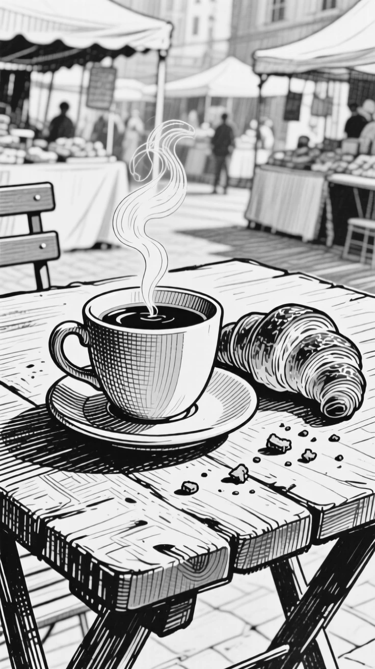 A cup of coffee beside a croissant displayed at an outdoor market stall, with crumbs scattered across the table, presented in a warm and comforting culinary still life.