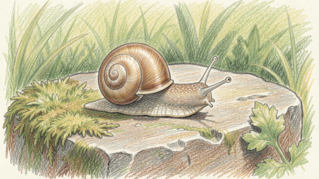 A snail making its way across a mossy garden stone, captured in a quiet, intimate moment full of atmosphere, perfect for anyone drawn to gentle, heartfelt imagery.