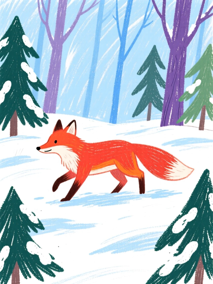A red fox trotting silently across a snow-covered forest clearing.