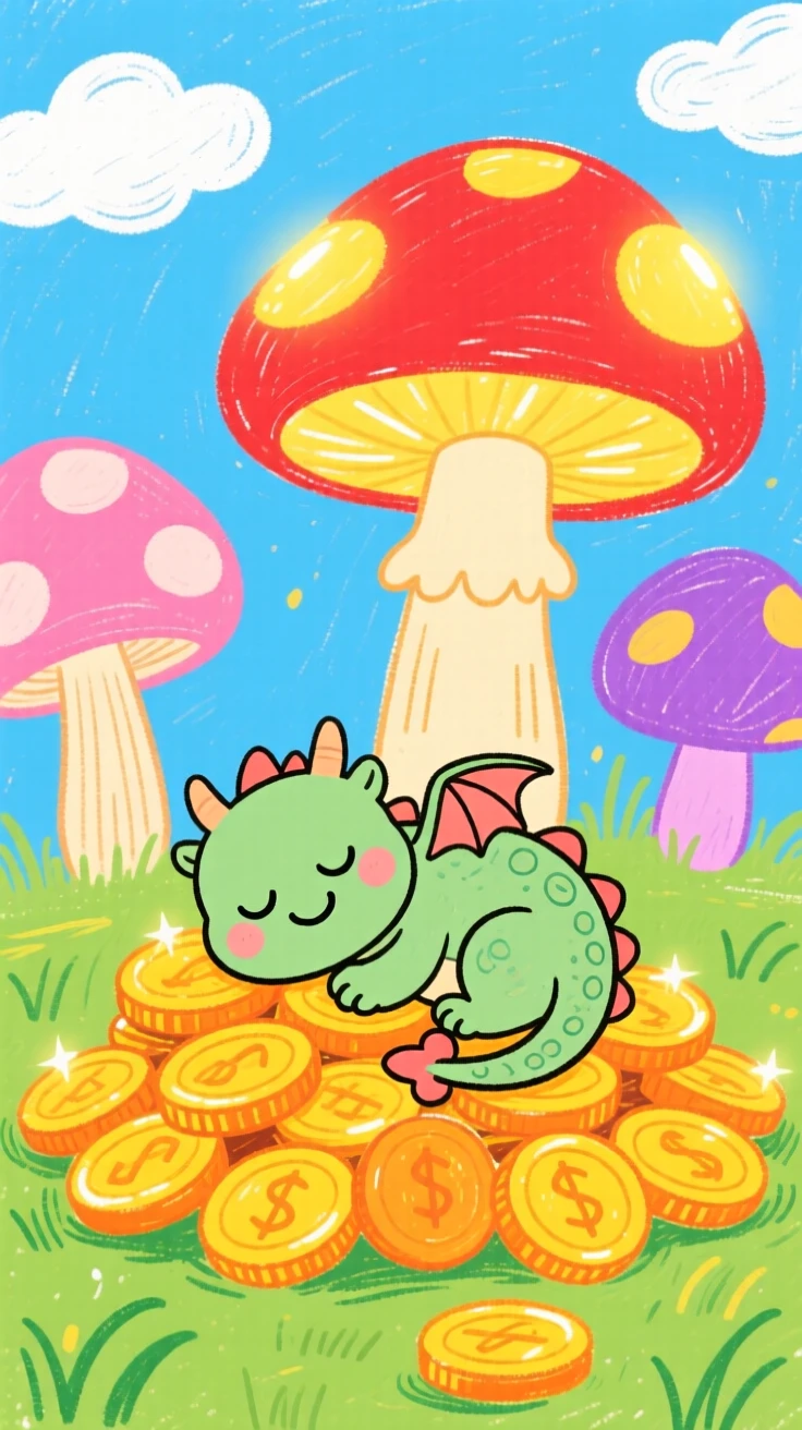 A tiny dragon curled up asleep on a pile of gold coins in a meadow of giant glowing mushrooms.