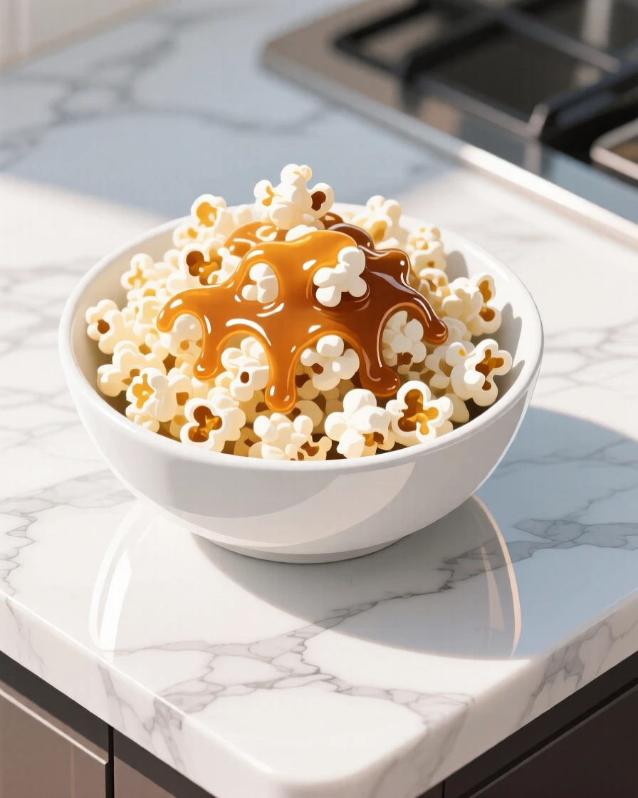 A bowl of fresh popcorn drizzled with caramel, placed atop a marble kitchen counter, framed closely to emphasize glossy, fresh textures, with a joyful, celebratory feel.
