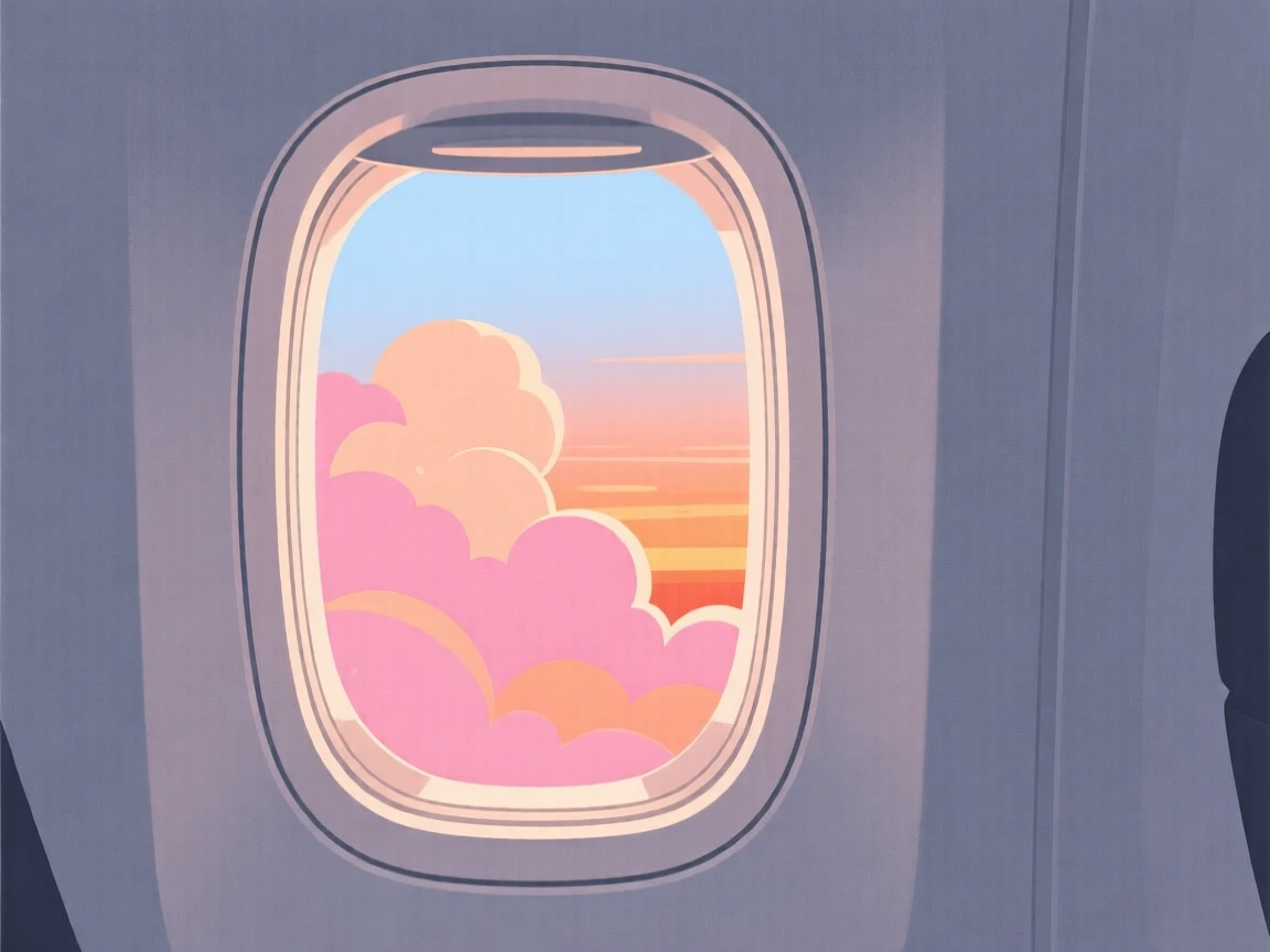 An airplane window view of clouds glowing pink and orange at sunset.