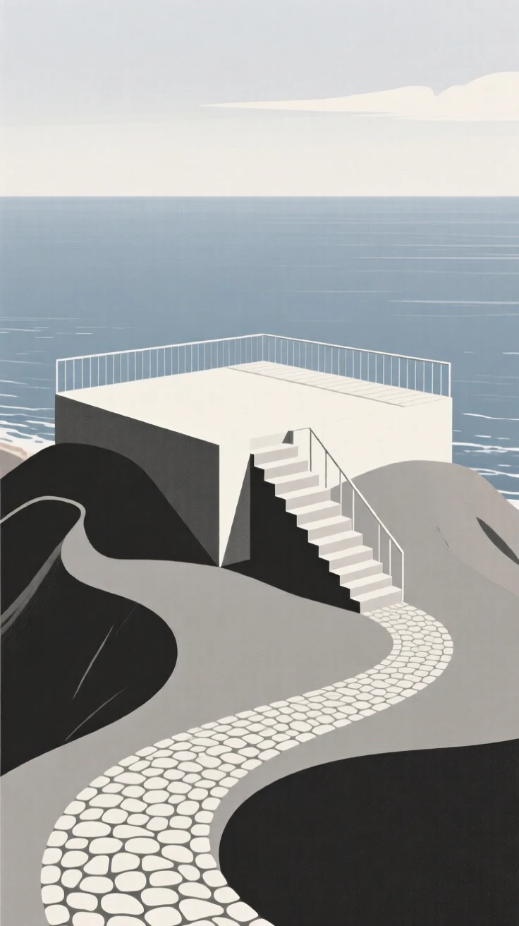 A rooftop terrace, striking and prominent, stands in a hilltop overlooking the sea, surrounded by cobblestone pathways, expressing timeless grandeur.