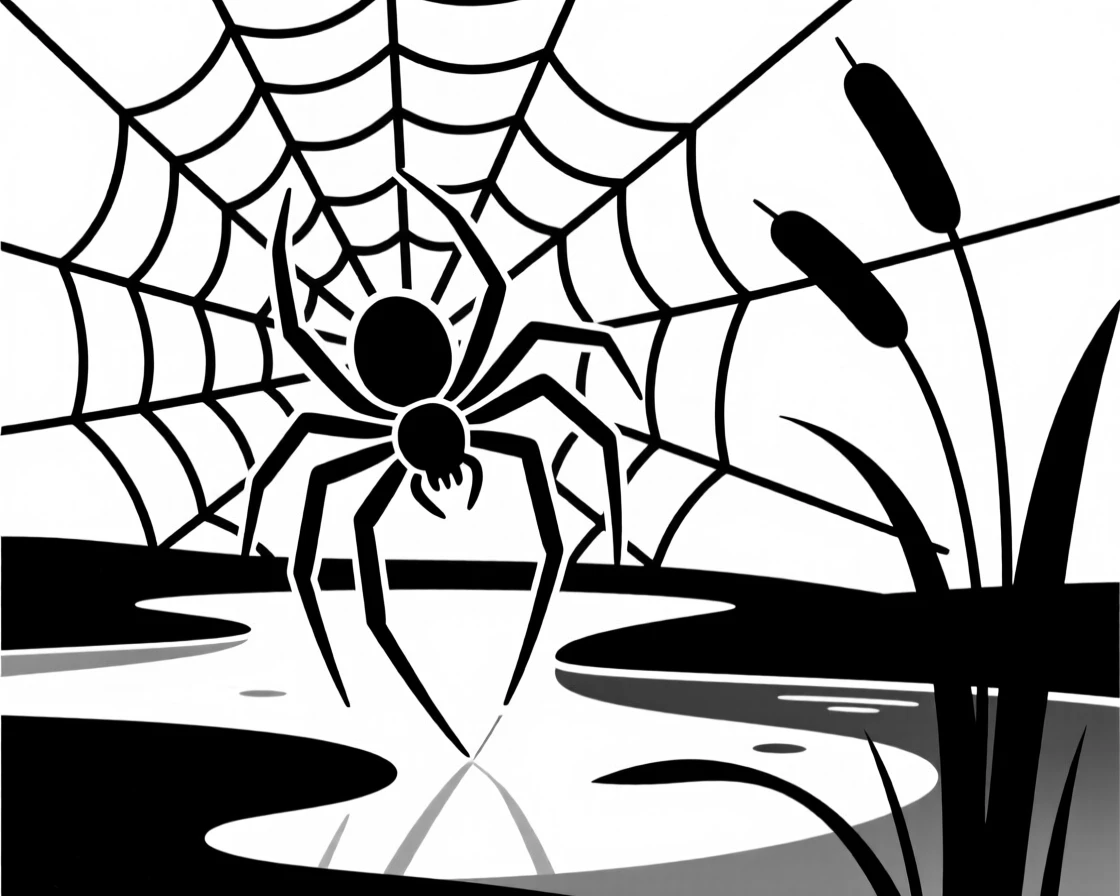 A spider spinning an intricate web near a pond's edge.