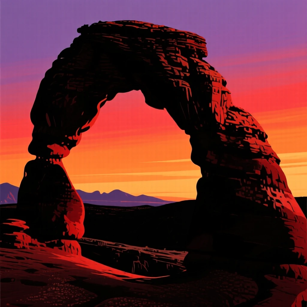 A dramatic archway of red rock framing a distant desert horizon.