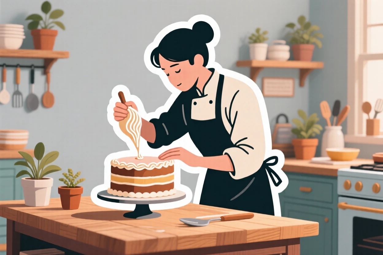 A quietly passionate baker decorating a cake with icing, fully immersed in the creative process, at a cozy neighborhood workshop.