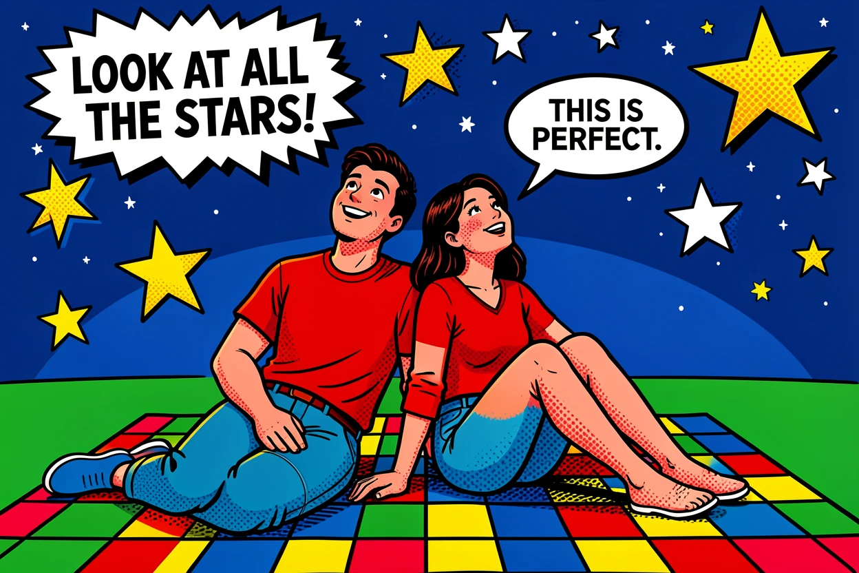 A couple stargazing on a picnic blanket