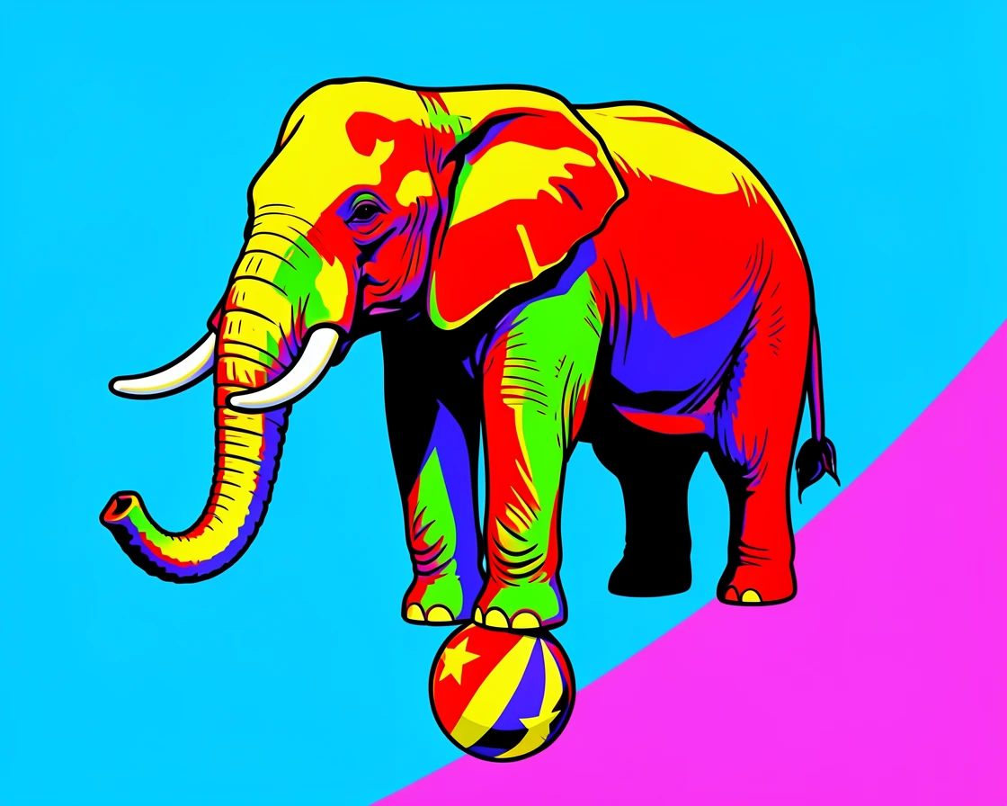 Elephant balancing on a tiny circus ball