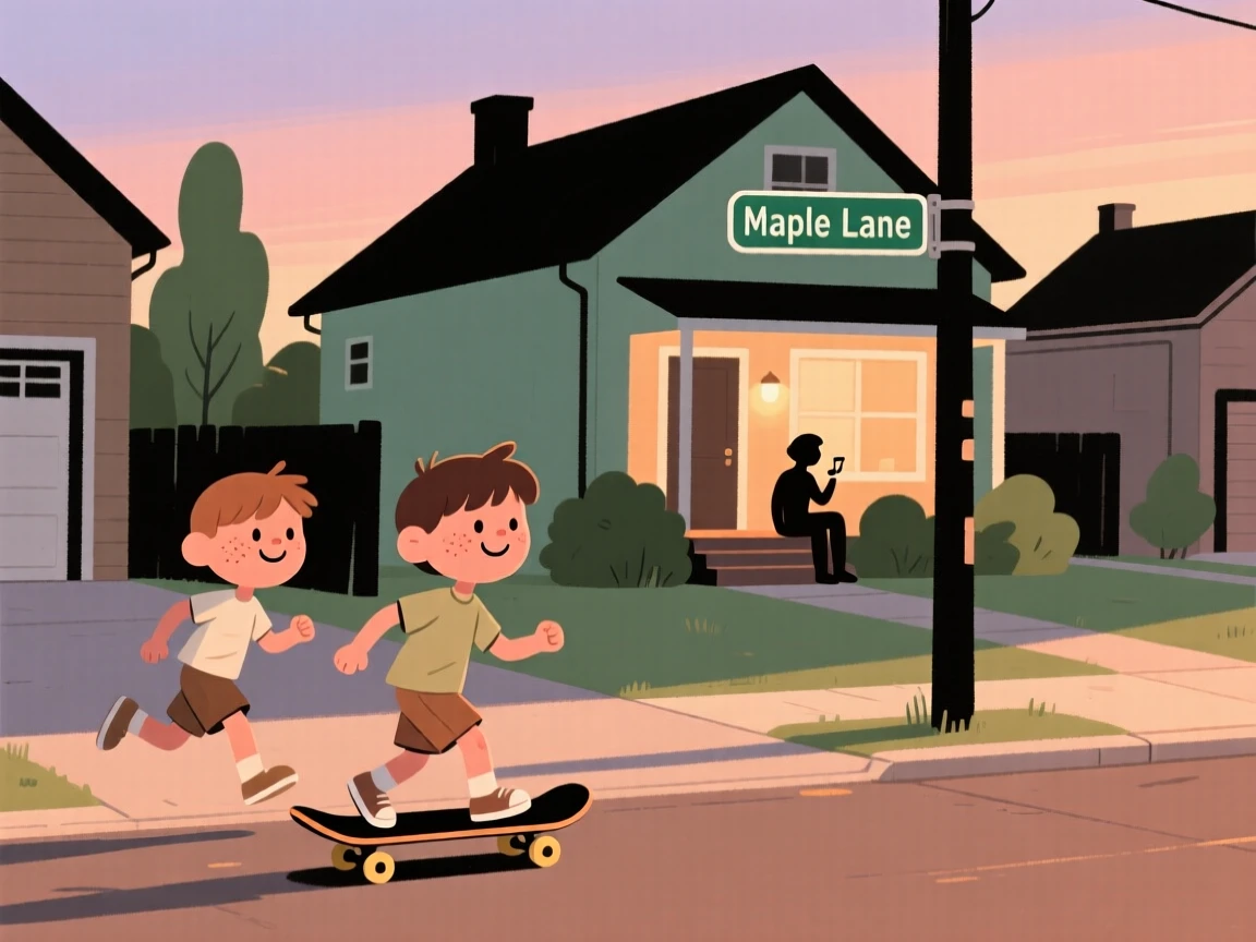 A child rides a skateboard down a quiet suburban street on a warm summer evening, racing a friend to the corner as someone humming a tune drifts from a nearby porch.