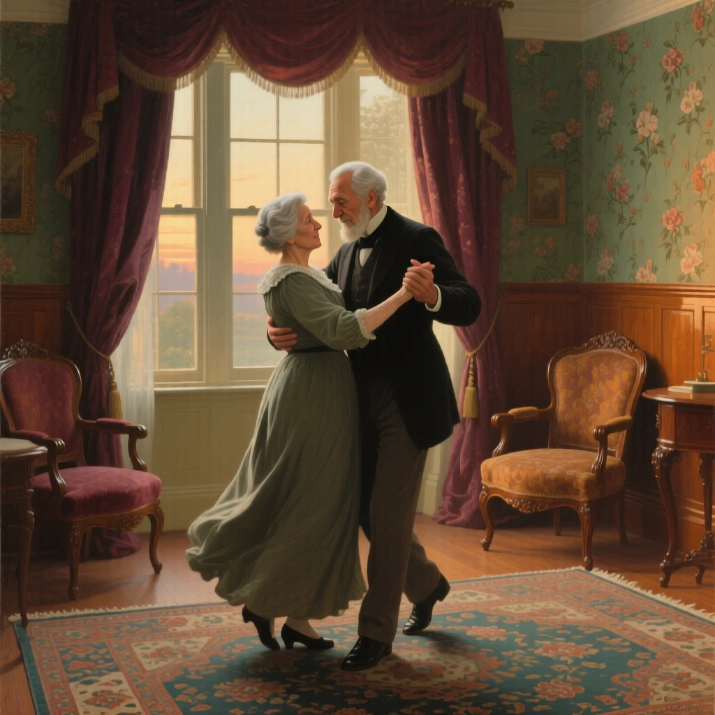 A medium shot of an elderly couple dancing slowly in their living room, at dawn, in the Victorian era.