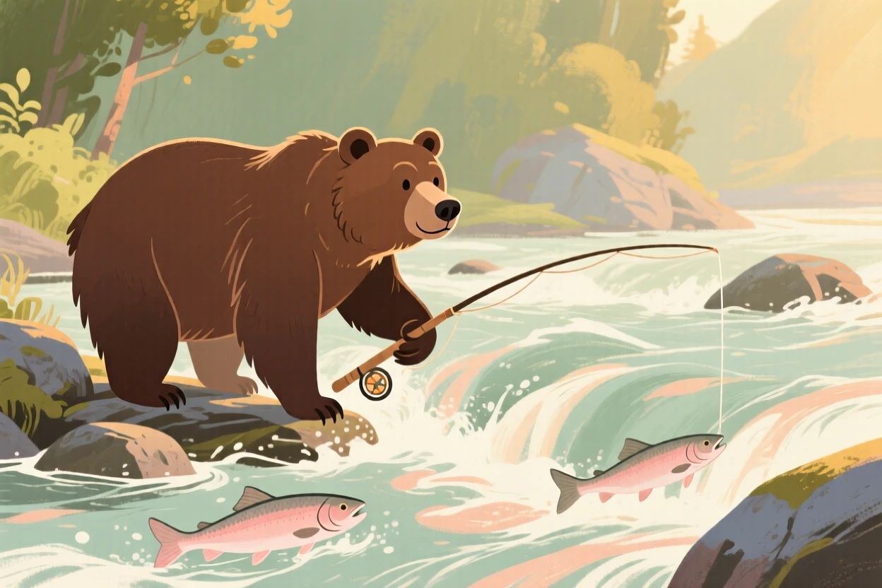 A brown bear fishing for salmon in a rushing mountain stream