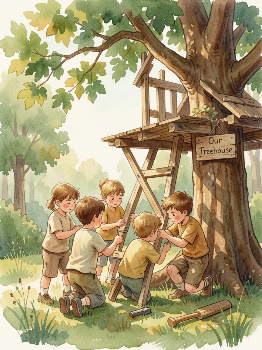 A group of children building a treehouse together with focused, peaceful concentration.