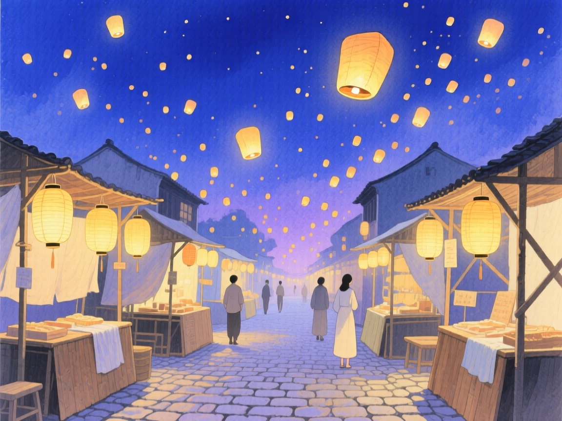 A dreamlike scene of a lantern-lit night market, filled with drifting glowing lanterns, inviting quiet wonder and imagination