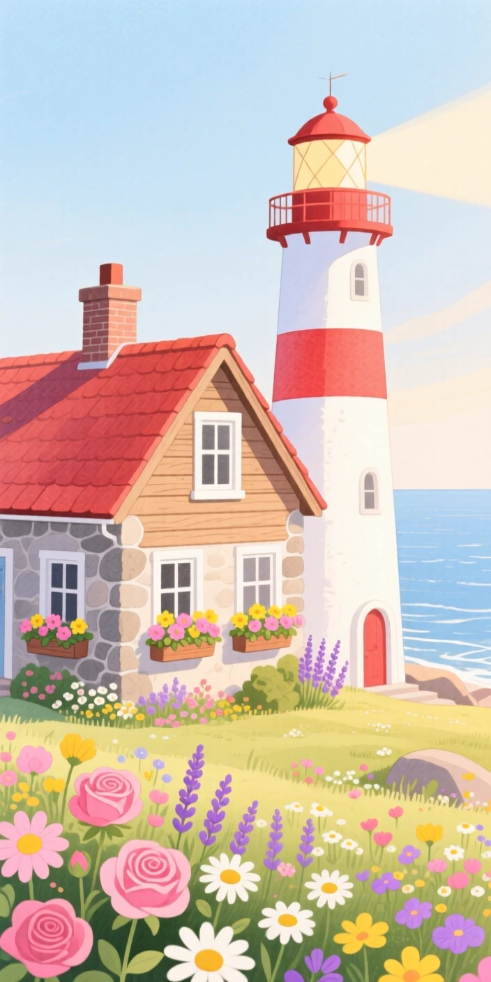A lighthouse keeper's cottage by the sea, framed by blooming flowers and soft afternoon light.