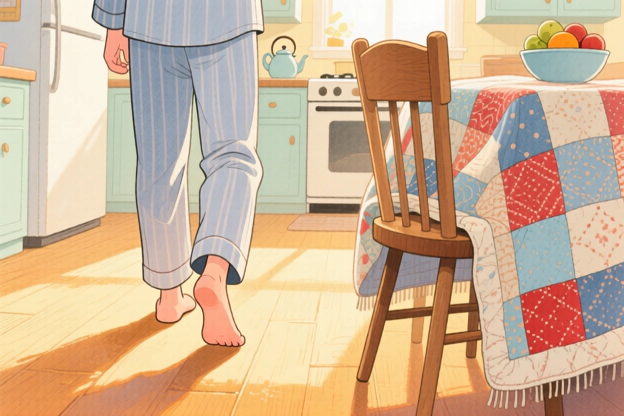 A weekend morning scene of pajama-clad feet padding across a warm wooden floor toward the kitchen, with a worn quilt draped over the nearest chair, capturing the quiet beauty of everyday rituals.