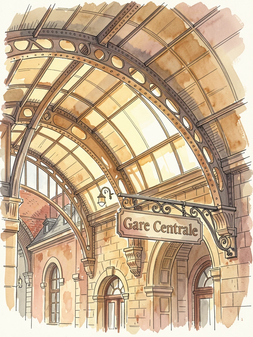 A grand European train station with iron archways and streaming light, warm afternoon light settling over the weathered stone and rooftops.