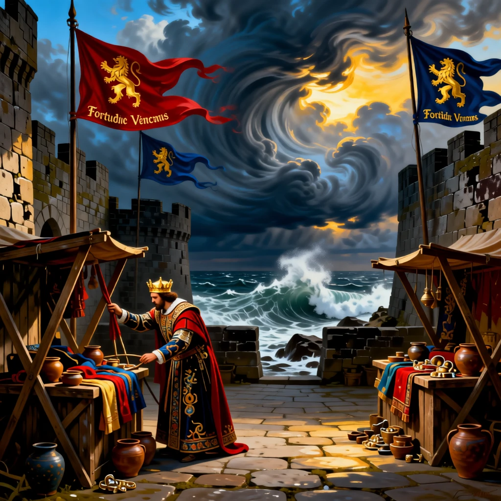 A king sets up stalls within the courtyard of a coastal castle battered by sea winds as banners flutter in the wind.