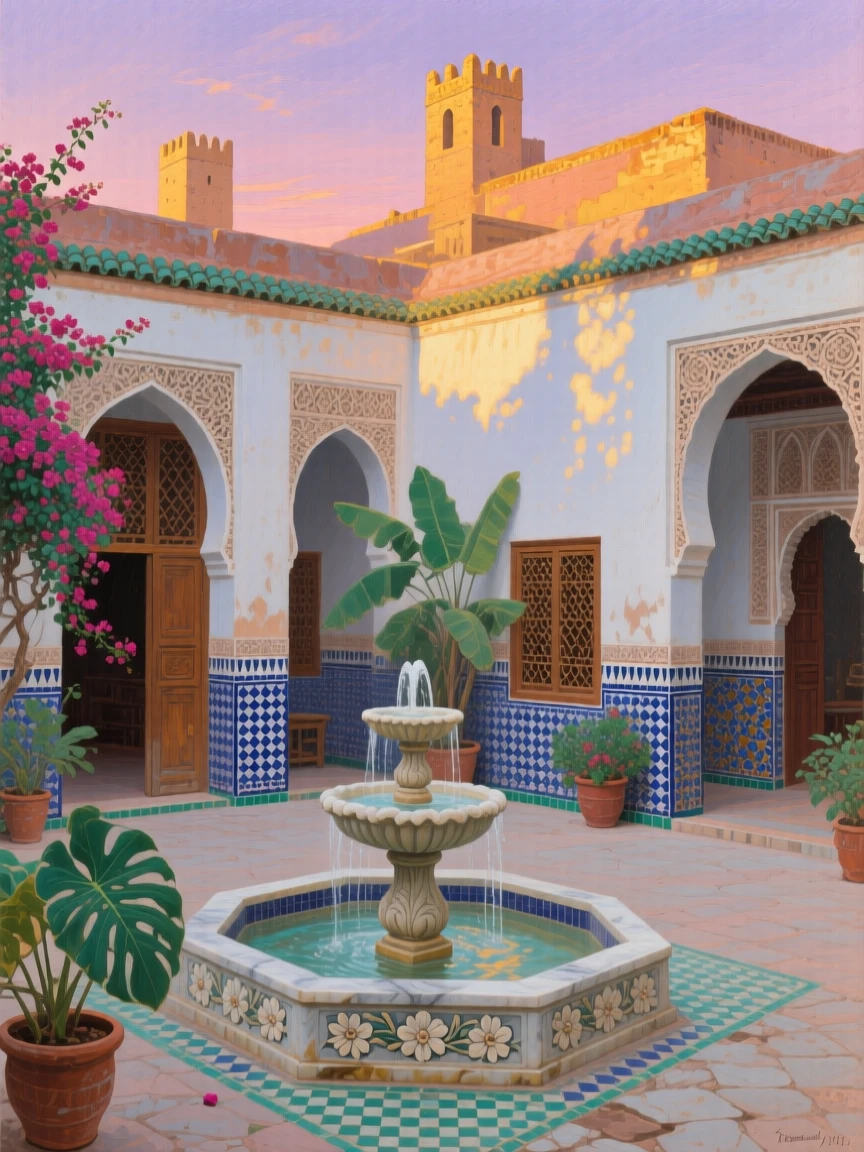 A grand Moroccan riad courtyard with intricate tilework and a central fountain, as the last light of day catches the tops of towers and rooftops, evoking a strong sense of place, history, and atmosphere