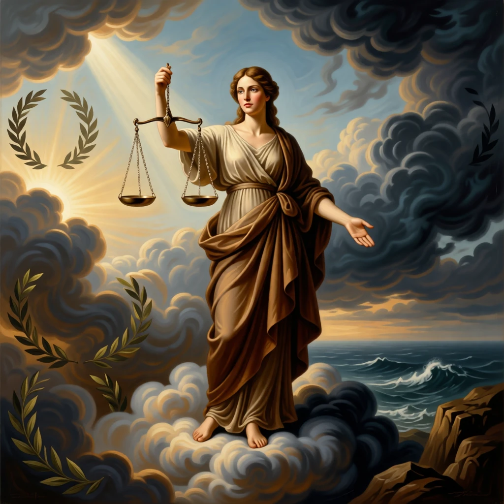 The personification of Justice balancing her scales beneath stormy skies at the threshold between the mortal and the eternal, set amid swirling clouds suspended between earth and sky, with a single ray of light illuminating the central symbolic gesture; the composition balances opposing symbolic elements on either side of the central figure, capturing the eternal struggle between light and shadow.