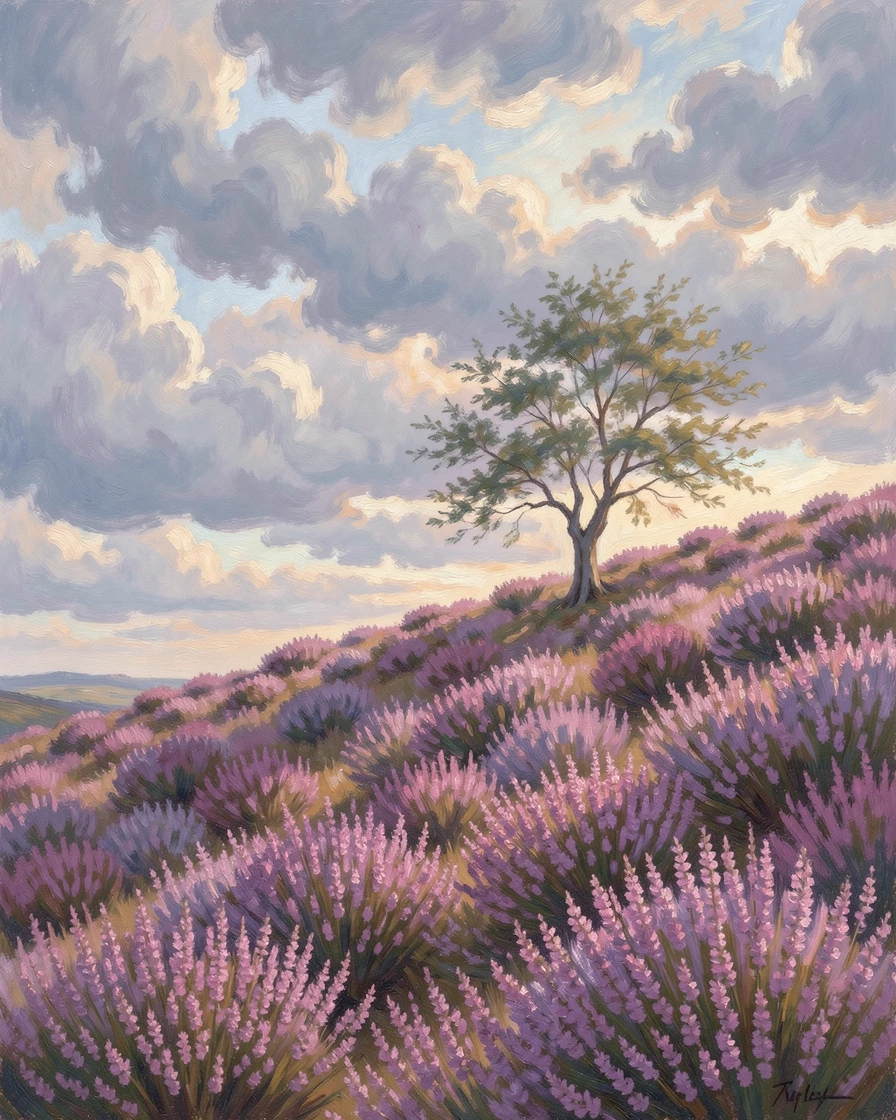 A hillside covered in blooming heather under a dramatic Scottish sky, a solitary tree standing on the ridge, inspiring awe at the beauty of the scene.