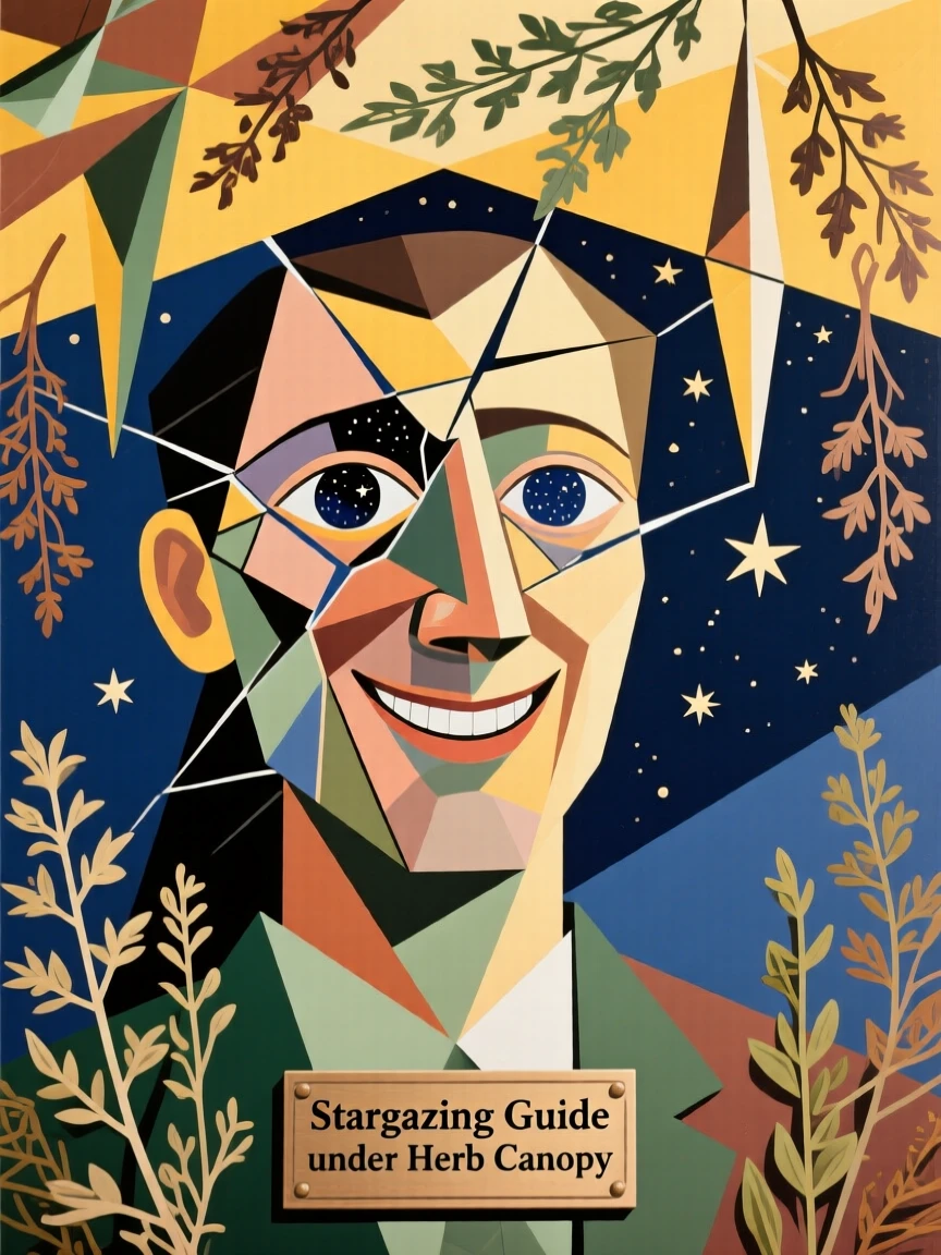 A tender close-up study of a stargazing guide smiling gently under a canopy of drying herbs.