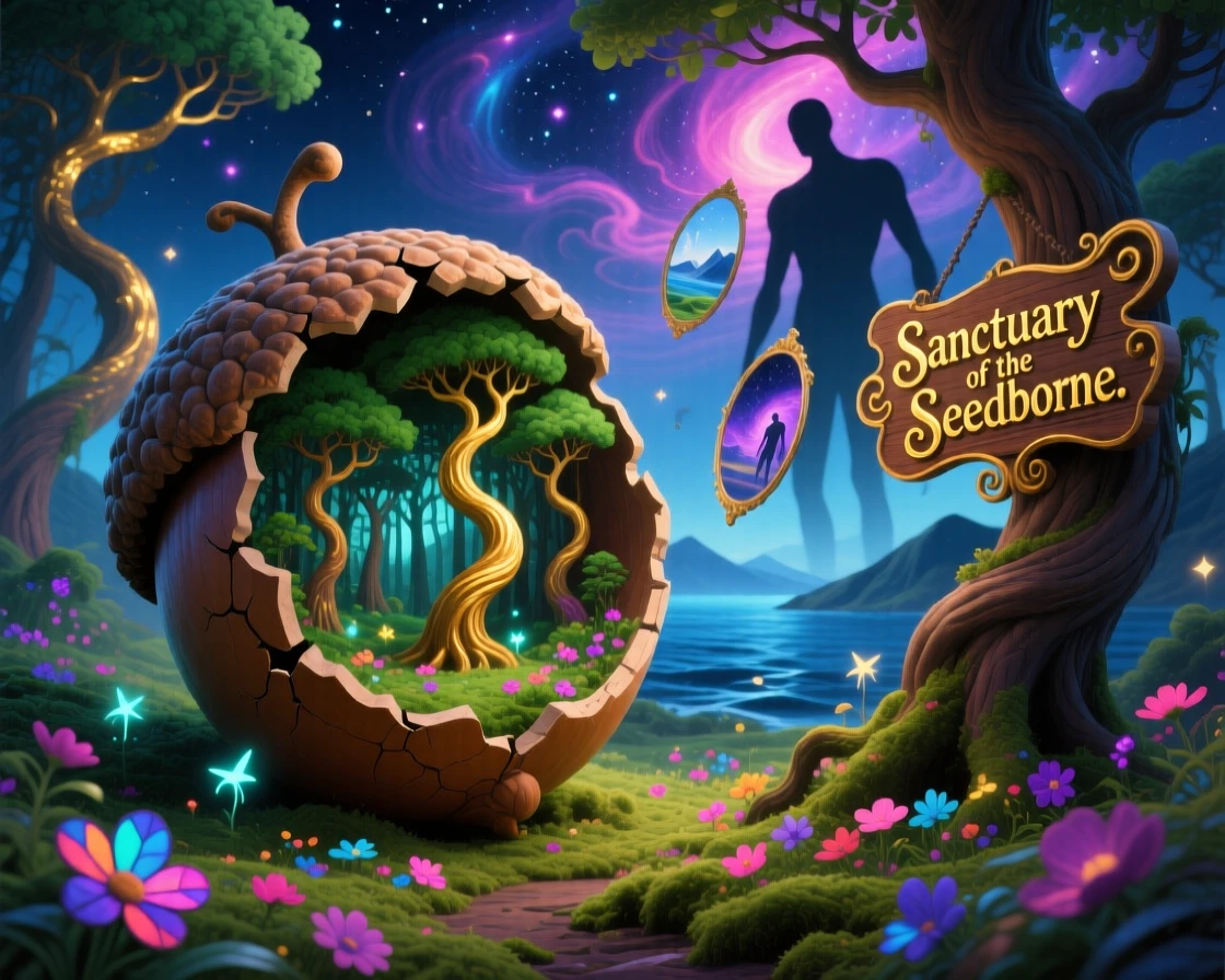 An entire forest thriving inside a cracked-open acorn continues on peacefully, unaware of the giant world beyond it, as tiny lights flicker like distant, faraway stars.