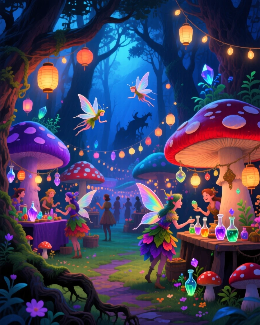 A hidden fairy market bustles beneath a canopy of glowing lanterns strung between mushroom stalls in a twilight forest clearing, an otherworldly light source casting soft, unnatural color across the surrounding environment.