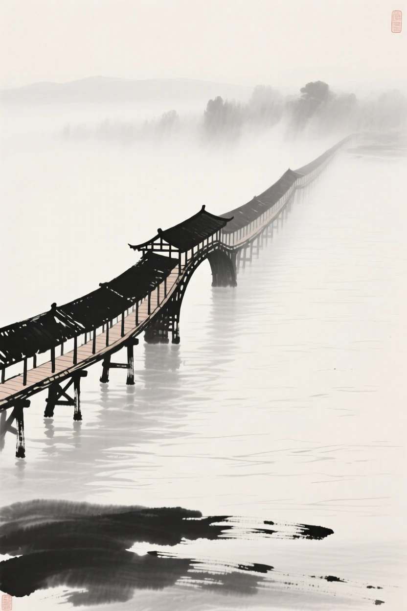 A long covered bridge stretches across a wide misty river, as mist rises softly from the water beneath it.