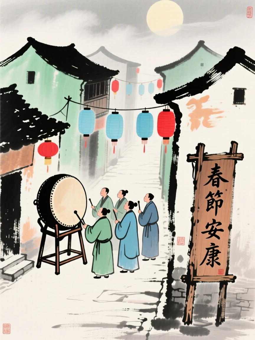 A village celebrating the lunar new year with lanterns and drums, full of quiet reverence.