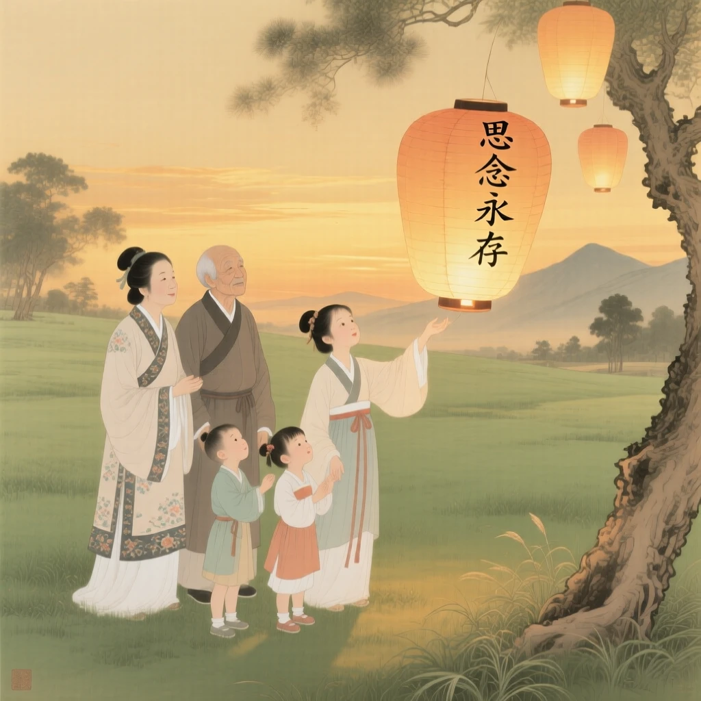 A family releasing lanterns together to celebrate a loved one's memory, at golden hour, long shadows stretching across the grass
