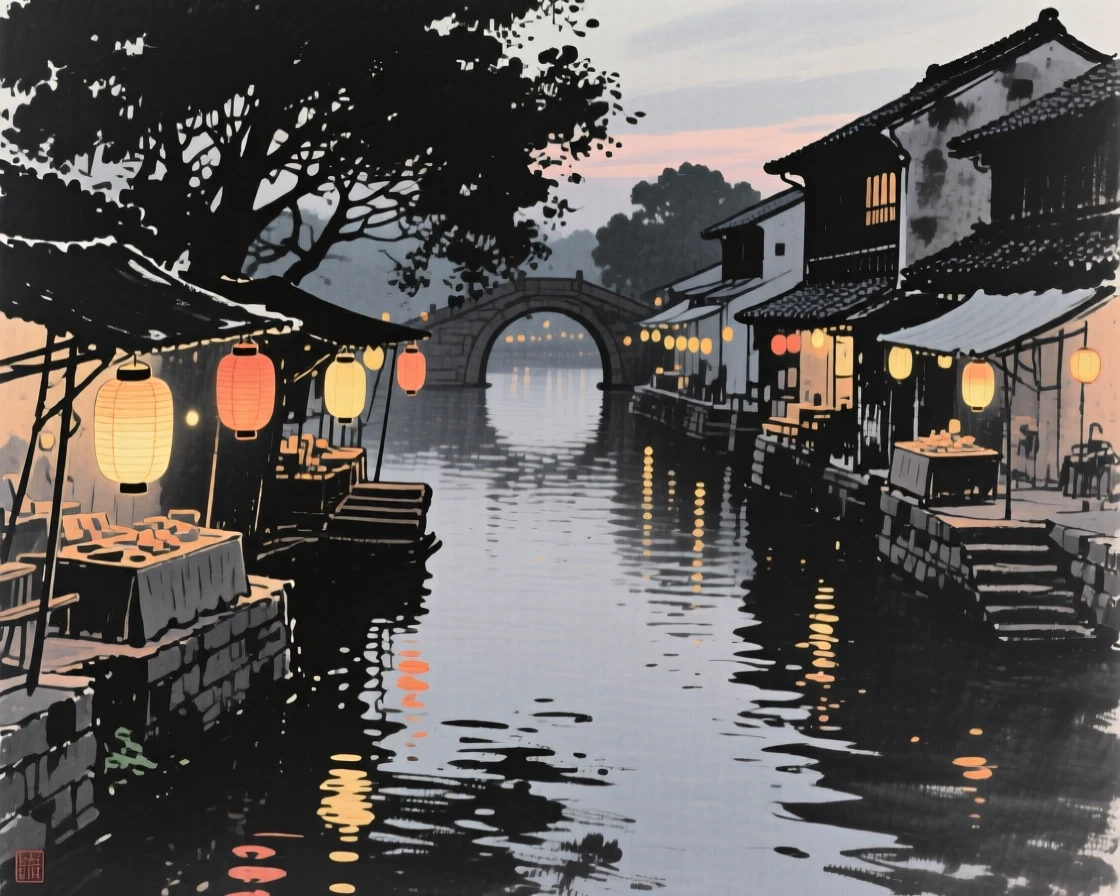 A midsummer evening market lit by paper lanterns beside a still, reflective canal, balanced between soft shadow and warm points of light, capturing the quiet magic of a changing season.