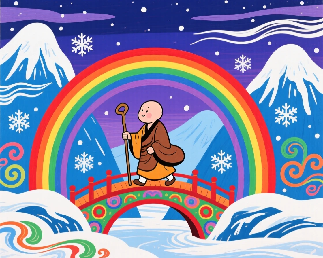 A traveling monk crossing a rainbow bridge between mountain peaks, in the quiet hush of a winter evening.