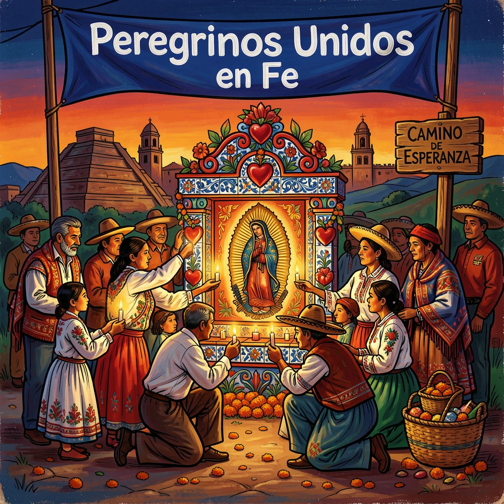 A group of pilgrims lighting candles at a roadside shrine