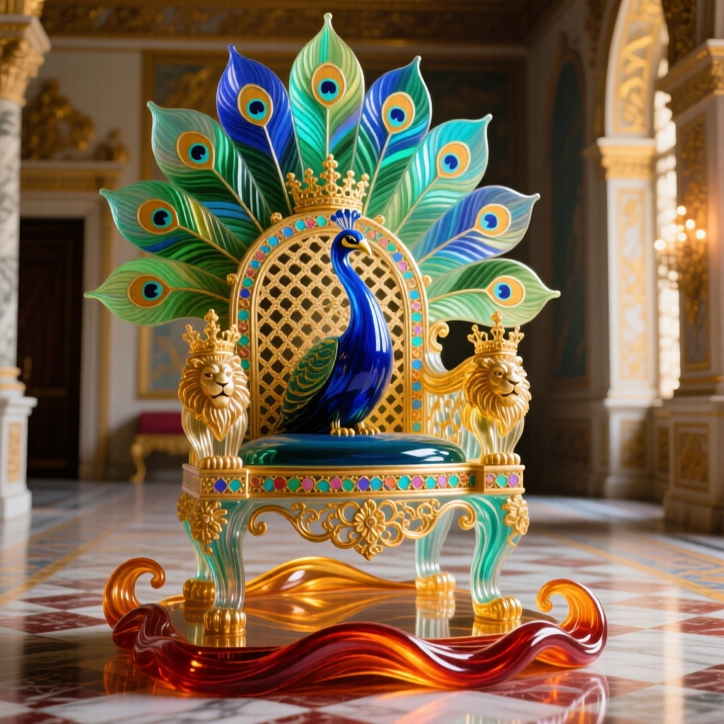 A traditional Indian peacock throne motif glowing in a palace hall, opulent and regal.