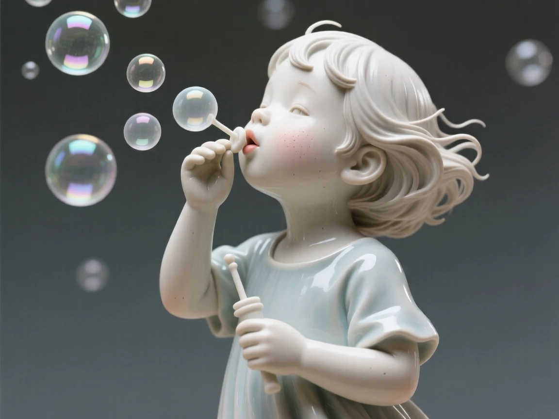 A child blowing bubbles into the breeze standing proudly with chin lifted high, framed by strands of loose, wind-blown hair, filling the scene with joy and gentle wonder.