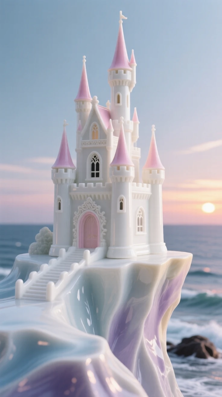 A fairytale castle perched on a dramatic sea cliff, its towers catching the last light of day.