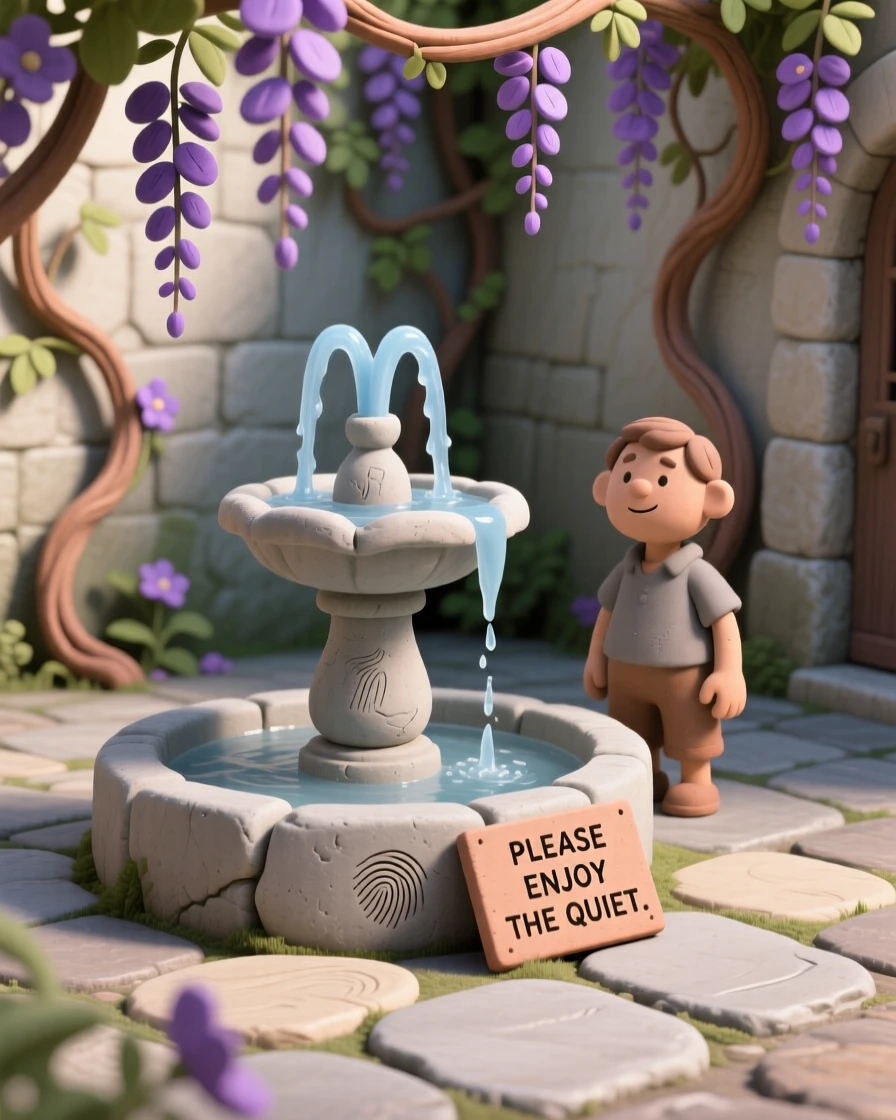 A quiet stone courtyard fountain trickling beneath climbing wisteria vines